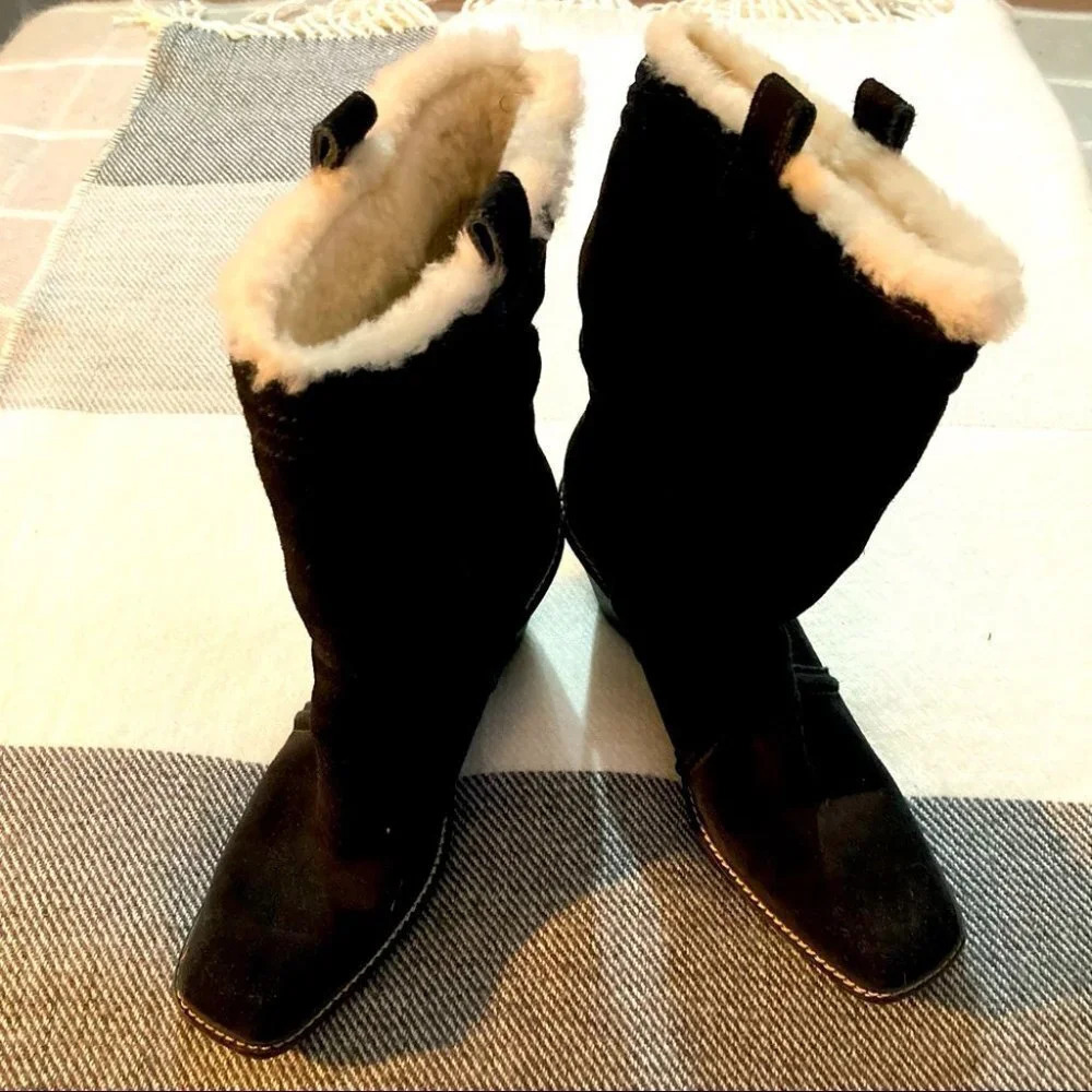 COLE HAAN Sz 9 Wedge Suede Lined Sherpa On Shaft Mid-Calf Boots NWOT